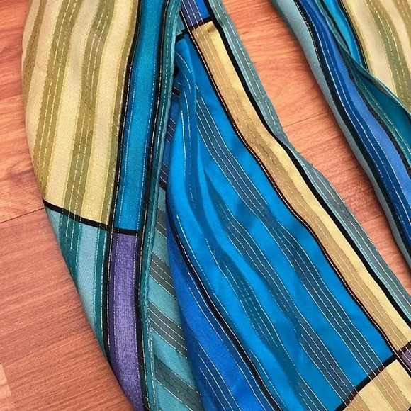 Jones New York Silk Scarf with Blue Yellow Gold Sparkle Thread - Picture 2 of 4